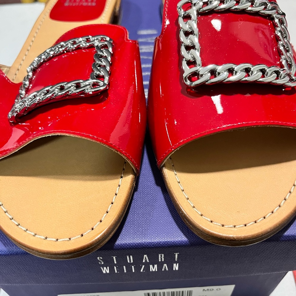 STUART WEITZMAN NIB AUTHENTIC LUXURY RED PATENT LEATHER & SILVER FLATS - Picture 5 of 17